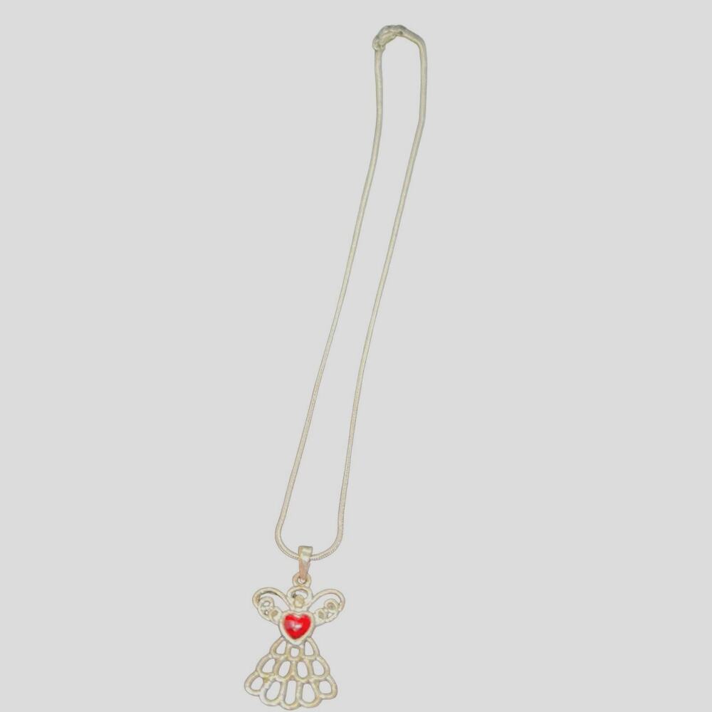 Silver Tone Chain Necklace & Angel Pendant Red Heart Size 18 Inch